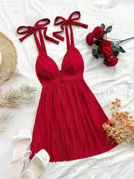 WYWH Однотонное отпускное платье на тонких бретельках с открытой спиной на лето Shein, красный