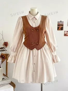 WYWH Платье с завышенной талией для отдыха Двухцветный лоскутный узор: горный и коричневый. Вельветовый жилет Для дам больших размеров в отпуске Shein, мультиколор