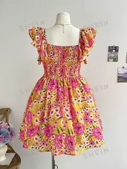 WYWH Платье трапециевидного силуэта больших размеров с оранжевым цветочным принтом и треугольным вырезом спереди, с заниженной талией и рукавами-крылышками Shein, мультиколор