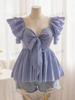 WYWH Повседневные блузки для женщин больших размеров На рукавах рюши и бантики в стиле Элейн, узор в полоску Shein, мультиколор