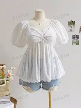 WYWH Праздничная женская футболка с рукавами-пузырьками из сращенного кружева больших размеров, милые летние топы с круглым вырезом Shein, белый