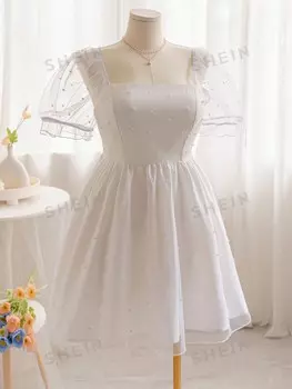 WYWH Романтическое праздничное платье с квадратным вырезом и пышными рукавами тай-дай Shein, белый