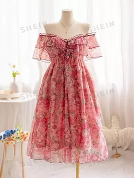 WYWH Розовое сетчатое платье с открытыми плечами и открытой спиной с цветочным принтом Двухслойный Романтическое повседневное праздничное платье больших размеров с рюшами и бабочкой на талии Shein