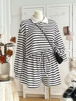 WYWH Рубашка поло в полоску И эластичные широкие брюки с рисунком для женщин, повседневного стиля, большого размера, подходящие для отдыха Shein, мультиколор