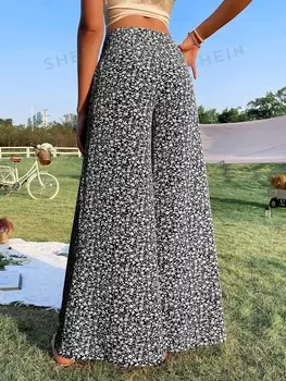 WYWH Широкие брюки с высокой талией и мелким цветочным принтом Shein, черно-белый