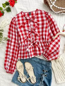 WYWH WYWH Holiday Белая свободная рубашка с объемными рукавами и текстурированным плиссированным дизайном. (для женщин больших размеров) удобно носить Shein, мультиколор