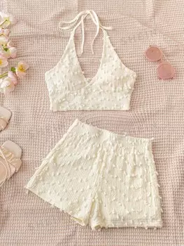 WYWH WYWH Женский летний отдых на море, белый горошек с вырезом, вязаный топ с V-образным вырезом и шортами с эластичной резинкой на талии, комплект из 2 предметов Shein, мультиколор