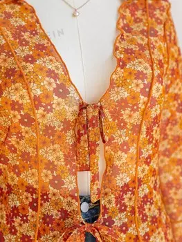 WYWH Женская блузка больших размеров, цветок ромашки, открытый воротник спереди, завязка на талии, рукава с рюшами Конец рубашки гофрированный Shein, мультиколор
