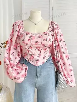 WYWH Женская одежда, большие размеры, рукава-обезьяны, розовый цветочный принт Асимметричный подол Таинственный, романтический, осенний стиль Shein, розовый