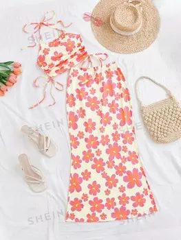 WYWH Женский повседневный комплект из топа с бретелькой на бретельках и длинной юбки в праздничном стиле Shein, мультиколор