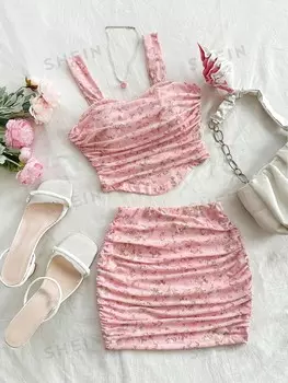 WYWH Женский розовый приталенный комплект из топа и юбки с цветочным принтом Подходит для отдыха Shein, розовый