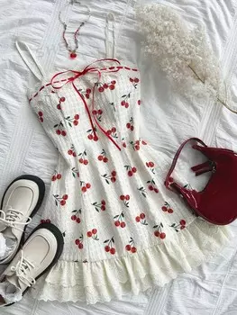 WYWH Женское праздничное платье с вишневым принтом, рельефным кружевом и рюшами по низу Shein, абрикосовый