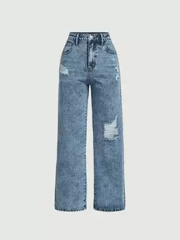 X Deborah EZwear Plus Рваные Широкие джинсы Shein, синий