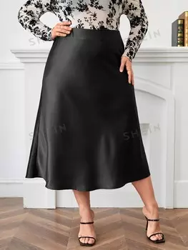 X Deborah Priv Атласная макси-юбка А-силуэта большого размера с завышенной талией Shein, черный