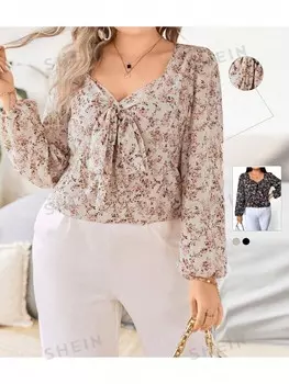 X Deborah Priv Женская рубашка больших размеров, цветочный принт, пуговицы спереди и галстук-бабочка спереди Shein, мультиколор