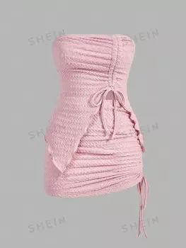 X Marika Sila Топ и юбка без бретелек ICON с завязками, отделкой салата, розовый Shein, розовый