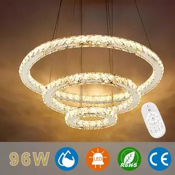 XMTECH 96W LED Crystal Design Подвесной светильник Потолочный светильник Регулируемый по высоте Подвесной светильник Люстра с регулируемой яркостью Подвесной светильник Люстра с тремя кольцами, серебро