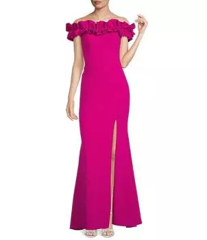 Xscape Креповое платье с открытыми плечами и короткими рукавами, оборками до бедра и высоким разрезом, розовый