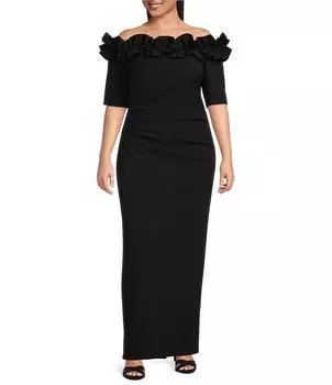 Xscape Платье-футляр из крепа с короткими рукавами и оборками размера плюс, черный