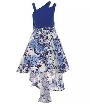 Xtraordinary Big Girls 7–16, однотонное бальное платье с цветочным принтом и высоким и низким подолом на одно плечо, синий