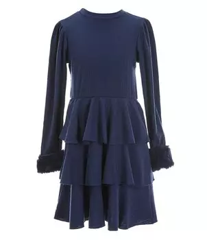 Xtraordinary Big Girls 7-16 с отделкой из искусственного меха, длинными рукавами и расклешенным трикотажным платьем-свитером, синий