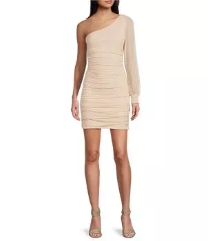 Xtraordinary облегающее платье из блестящей сетки с длинными рукавами и рюшами на одно плечо, золотой