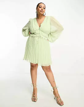 Яблочно-зеленое добби-платье со складками и пуговицами на талии ASOS DESIGN Curve