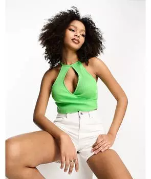 Яблочно-зеленый топ в рубчик с лямкой на шее ASOS DESIGN