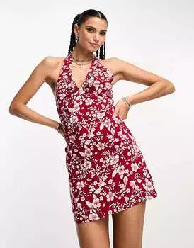 Ягодное мини-платье Motel с ярким цветочным принтом и воротником-бретелькой