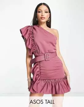Ягодное мини-платье на одно плечо с оборкой и поясом ASOS DESIGN Tall