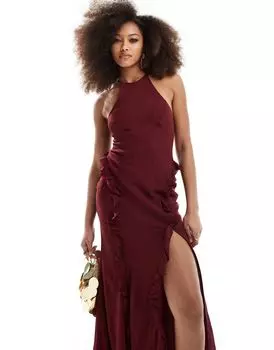 Ягодное платье макси с высоким воротником и оборками ASOS DESIGN