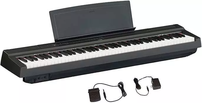 Yamaha P-125B 88-клавишное цифровое пианино черного цвета. В комплекте адаптер питания PA150, пюпитр и педаль сустейна. P125B