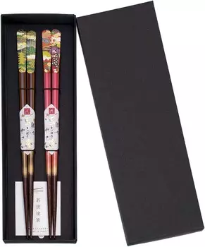 Японские деревянные палочки для еды Kawai, многоразовые, 2 пары в подарочной упаковке, красный и коричневый пейзаж Nippon [Сделано в Японии/ручная работа], Red And Purple