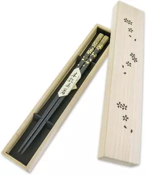 Японские палочки для еды Wajima из натурального лакированного дерева, многоразовые в подарочной упаковке, золотистая сакура (черная), сделано в Японии, ручная работа Hashimoto-Kousaku Sikkiten, Black