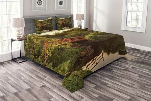 Японское покрывало ABAKUHAUS Garden Asia Peace, комплект с моющимися наволочками, для односпальных кроватей 220 x 220 см, зеленый желтый