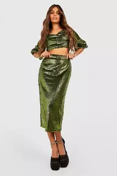 Яркая юбка миди с пайетками Boohoo, шартрез