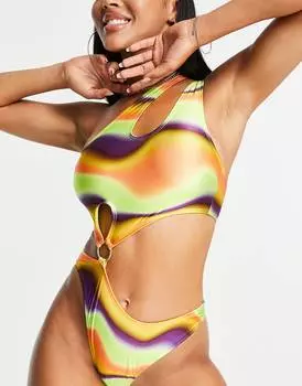 Яркий психоделический купальник ASOS DESIGN с вырезами в виде колец
