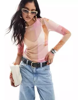 Яркий розовый сетчатый топ с длинными рукавами и пушистым принтом & Other Stories