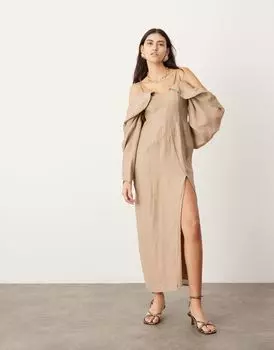 Ярко-коричневое платье миди с открытыми плечами и длинными рукавами ASOS EDITION