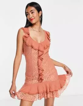 Ярко-оранжевое кружевное платье мини без рукавов с рюшами ASOS DESIGN