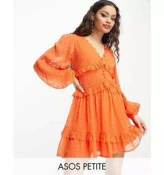 Ярко-оранжевое платье мини в горошек с пуговицами и защипами ASOS DESIGN Petite ASOS Petite