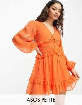 Ярко-оранжевое текстурированное платье мини на пуговицах с защипами ASOS DESIGN Petite