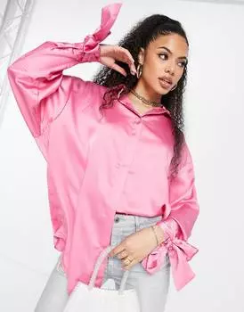 Ярко-розовая атласная рубашка оверсайз с завязками на манжетах ASOS DESIGN