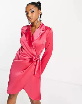 Ярко-розовое атласное платье-блейзер с запахом спереди Vero Moda x Victoria Waldue