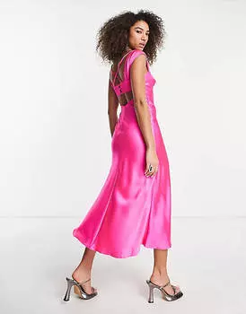Ярко-розовое атласное платье-комбинация миди в стиле бэби-долл ASOS DESIGN