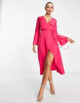 Ярко-розовое атласное платье миди с запахом и завязками на талии ASOS DESIGN