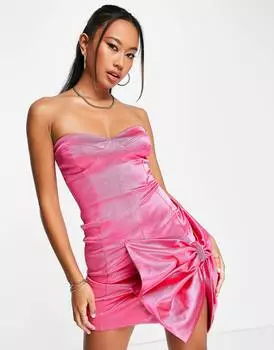 Ярко-розовое атласное платье мини-бандо с бантом ASOS DESIGN