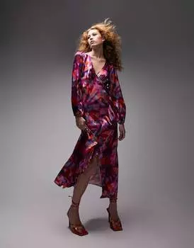 Ярко-розовое платье миди с принтом роз и v-образным вырезом по бокам Topshop