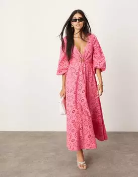 Ярко-розовое платье миди с вырезами и завязками спереди ASOS EDITION