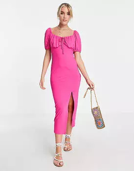 Ярко-розовое платье миди со сборками, грудью, пышными рукавами и разрезом по бокам New Look